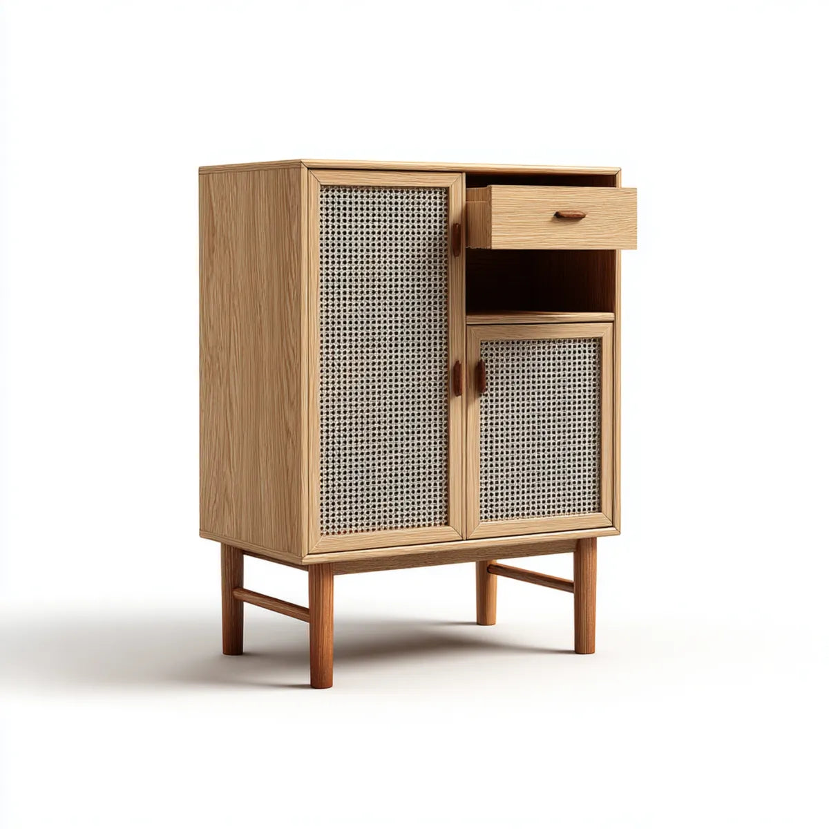 Armoire de rangement 80 x 40 x 120 cm beige en MDF plaqué chêne et rotin naturel rectangulaire avec 2 portes et tiroir