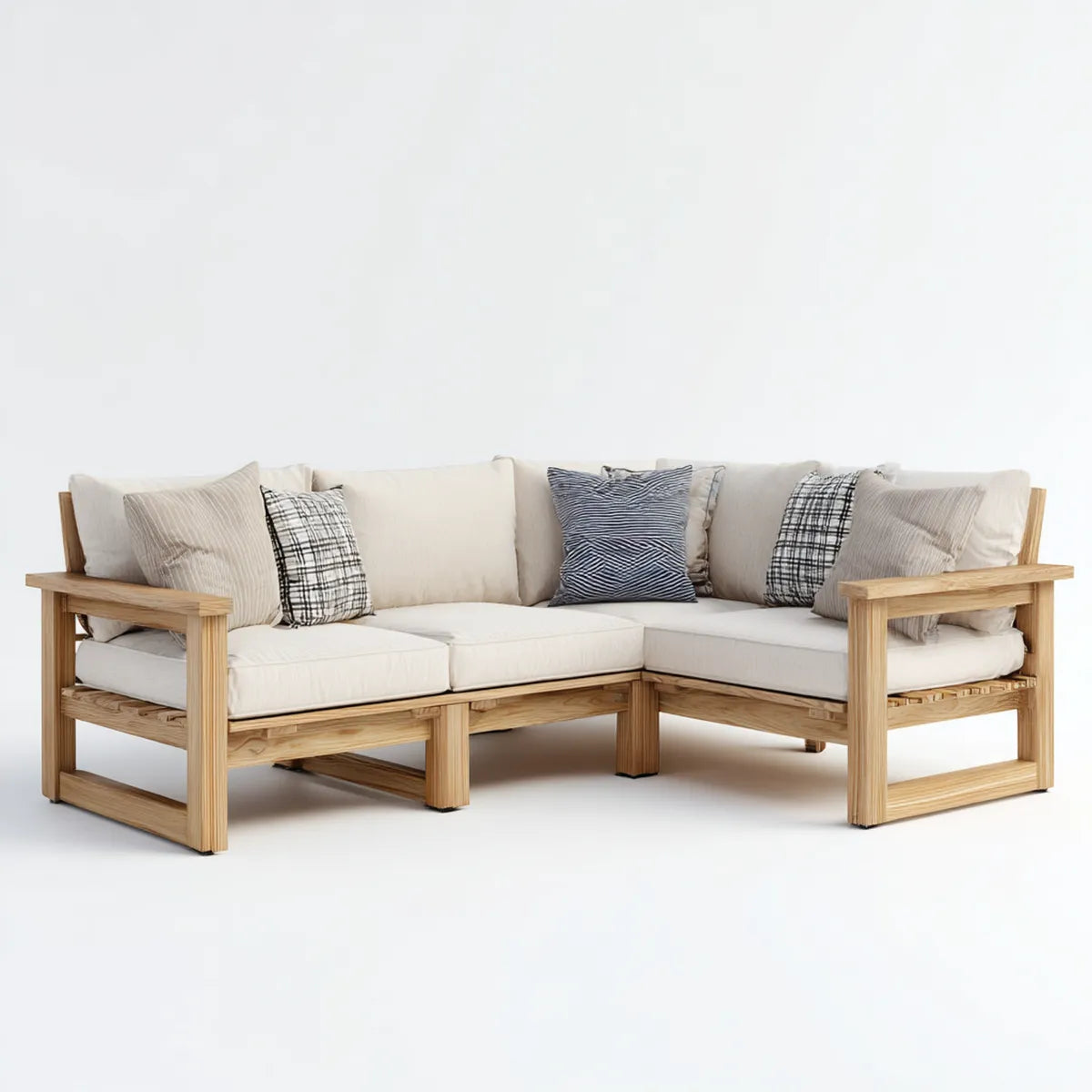 Canapé de jardin d'angle 5 places beige et naturel en bois massif avec coussins 220 x 160 x 70 cm