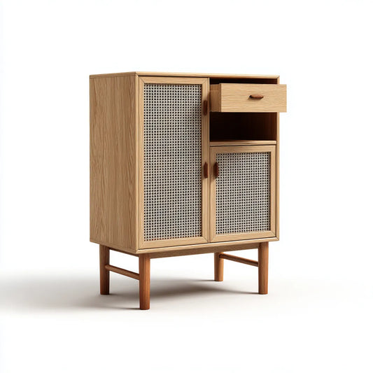 Armoire de rangement 80 x 40 x 120 cm beige en MDF plaqué chêne et rotin naturel rectangulaire avec 2 portes et tiroir