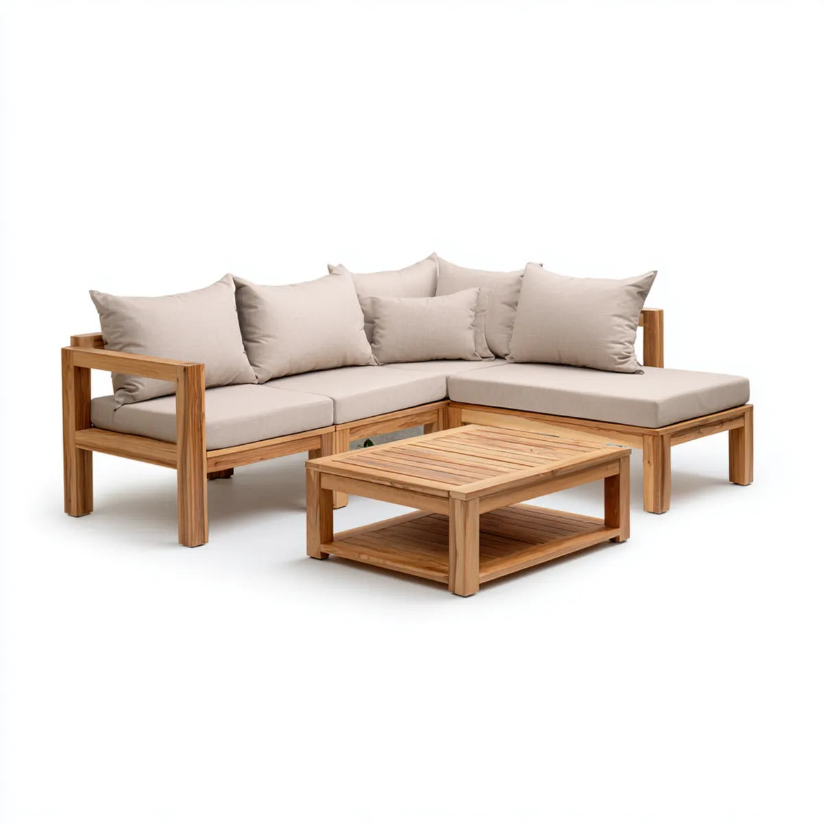 Salon de jardin d'angle 3 places avec table basse beige en acacia massif 210 x 210 x 76 cm en L