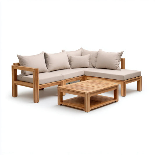 Salon de jardin d'angle 3 places avec table basse beige en acacia massif 210 x 210 x 76 cm en L