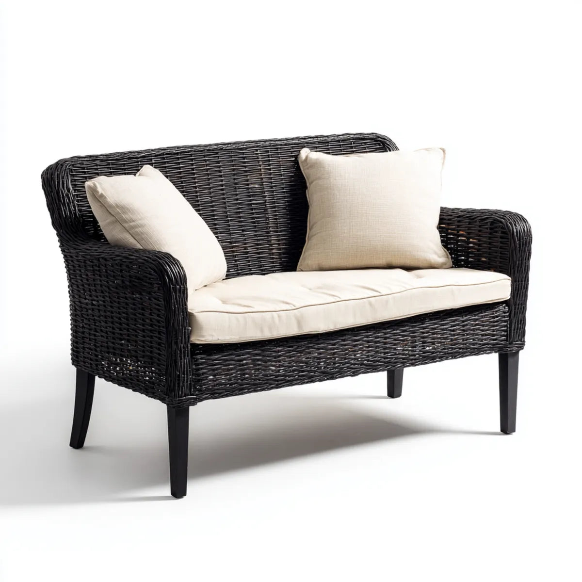 Canapé de jardin 2 places noir et beige en rotin PE 130 x 75 x 82 cm