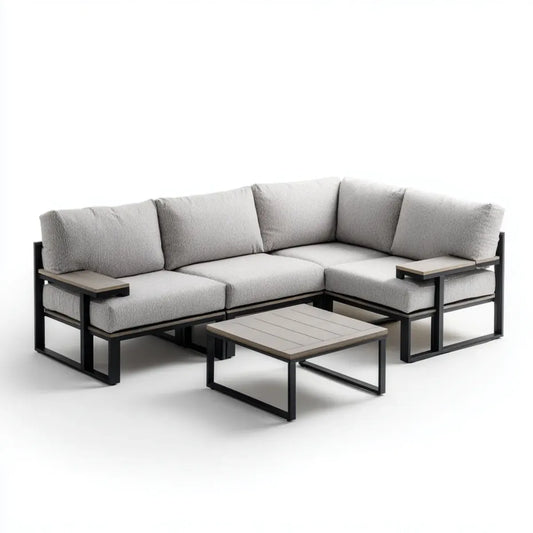 Salon de jardin d'angle 4 places gris en acier thermolaqué avec table basse 230 x 230 x 76 cm