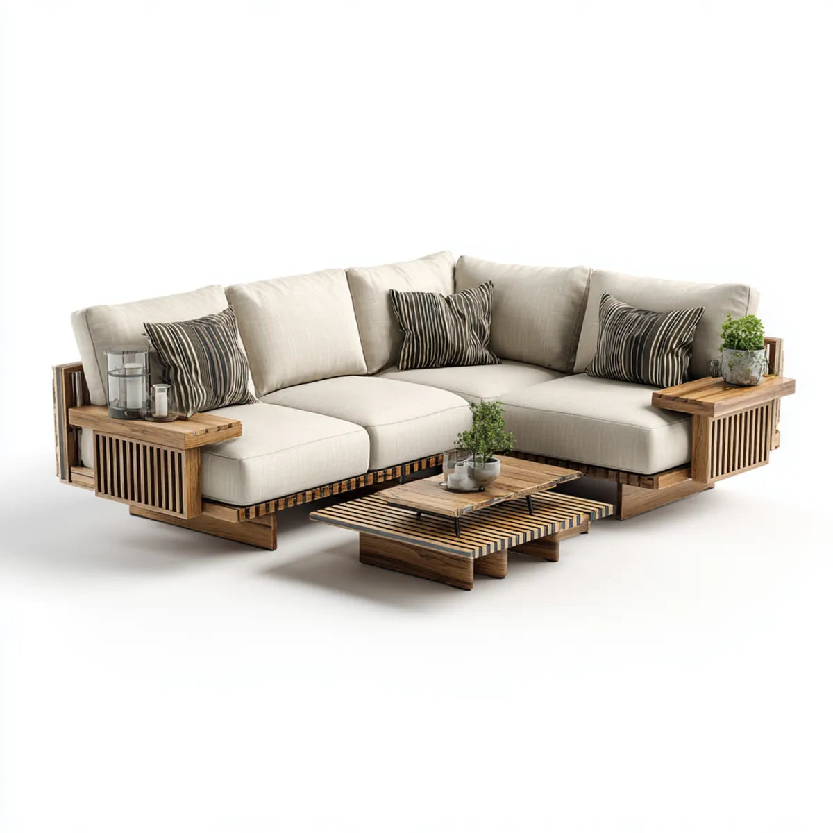 Salon de jardin d'angle 5 places beige en bois massif d'acacia et polyester 280 x 210 x 78 cm