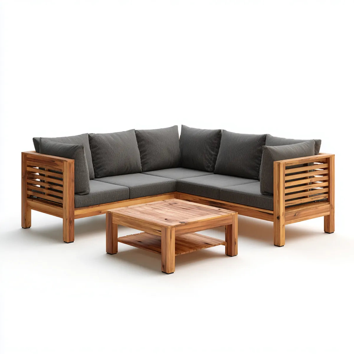 Salon de jardin d'angle 4 places en bois d'acacia brun avec coussins gris et table basse 200 x 200 cm