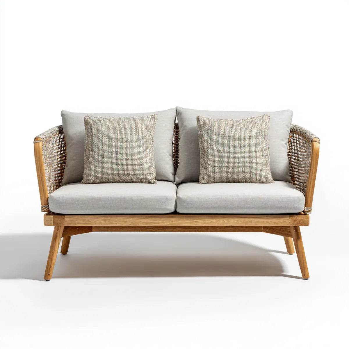 Canapé de jardin 2 places beige 140 x 75 x 78 cm en bois d'acacia et corde tressée forme droite