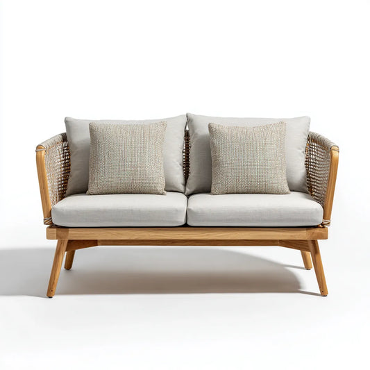 Canapé de jardin 2 places beige 140 x 75 x 78 cm en bois d'acacia et corde tressée forme droite