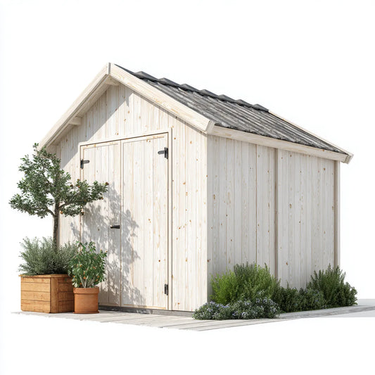 Abri de jardin de rangement en pin massif blanc avec toit à deux pans gris 240 x 180 x 220 cm