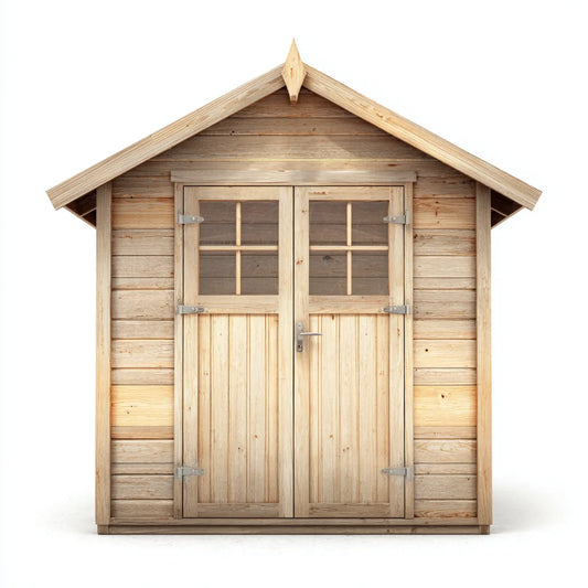Abri de jardin en pin massif naturel 200 x 200 x 210 cm avec double porte vitrée et toit à deux pans