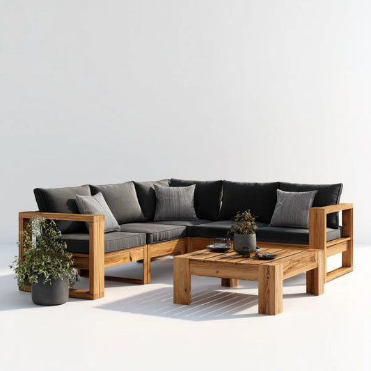 Salon de jardin d'angle 4 places noir et bois naturel en acacia massif avec table basse 240 x 180 x 75 cm et 110 x 60 x 42 cm