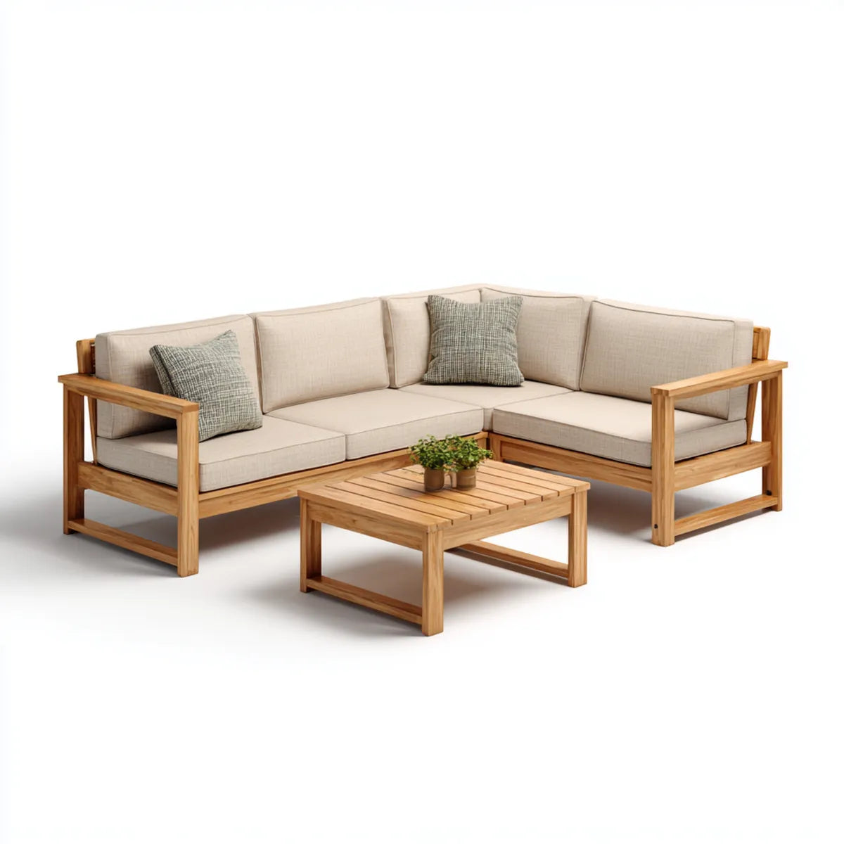 Salon de jardin d'angle 3 pièces beige en bois d'acacia massif avec coussins 230 x 230 x 75 cm