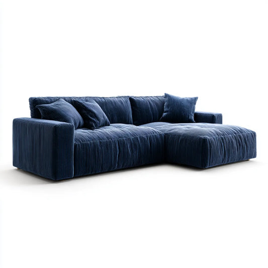 Canapé d'angle avec méridienne droite 3 places bleu marine en velours côtelé de polyester 245 x 160 x 85 cm