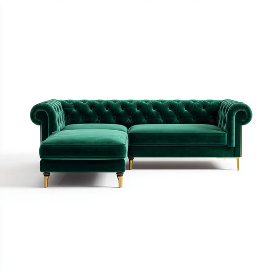 Canapé d'angle Chesterfield 3 places avec méridienne gauche vert émeraude en velours de polyester forme L 260 x 165 x 78 cm