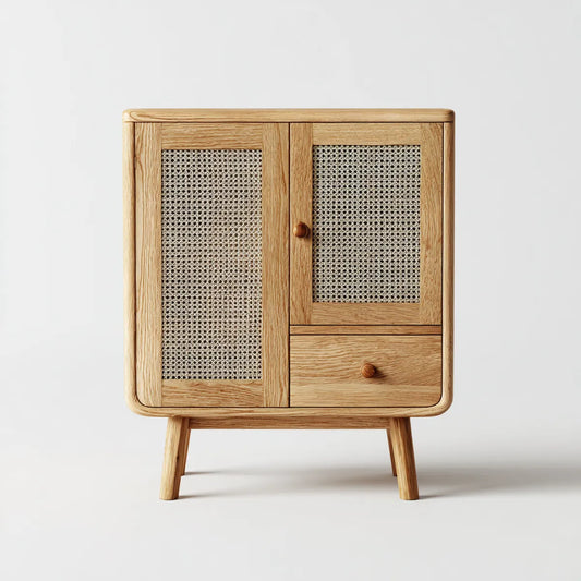 Buffet de rangement en chêne naturel et rotin 80 x 40 x 110 cm rectangulaire