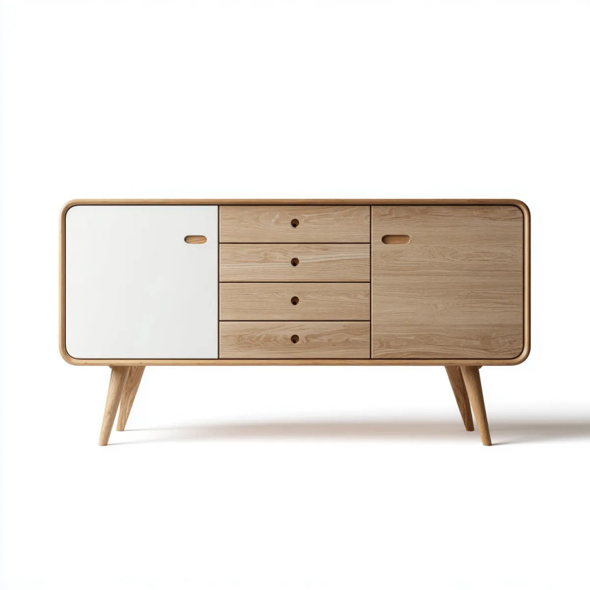 Buffet de rangement rectangulaire 180 x 40 x 85 cm chêne naturel et blanc avec 2 portes et 4 tiroirs