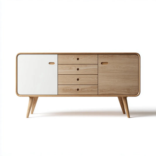 Buffet de rangement rectangulaire 180 x 40 x 85 cm chêne naturel et blanc avec 2 portes et 4 tiroirs