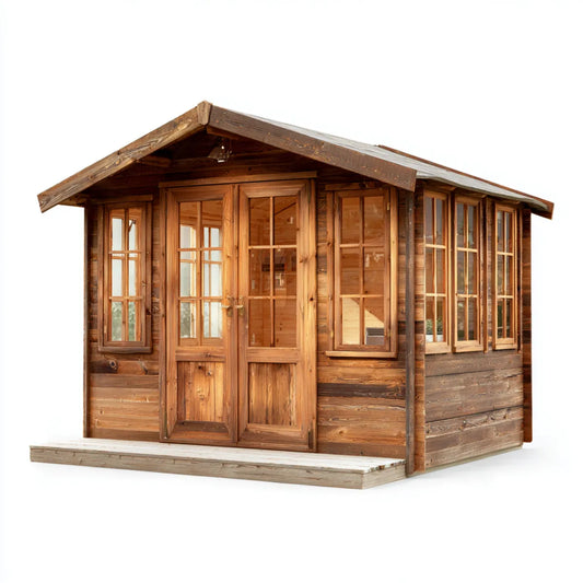 Abri de jardin rectangulaire en pin massif brun avec portes vitrées et fenêtres 300 x 300 x 250 cm