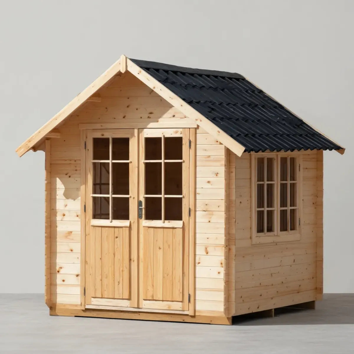 Abri de jardin en pin massif naturel avec double porte vitrée et toit à deux pans noir 240 x 180 x 230 cm